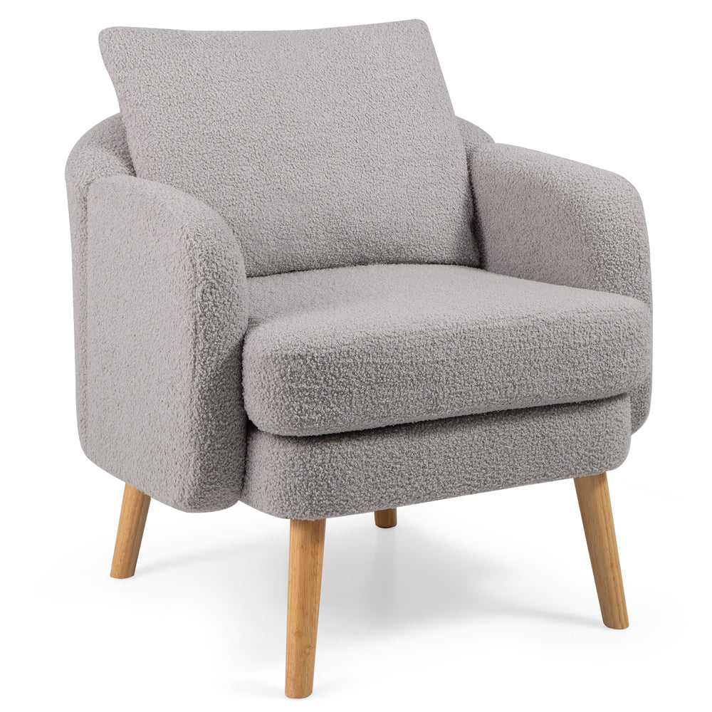 Sherpa accent chair in grey with a thick cushion, curved backrest, and rubber wood legs for modern living room comfort.