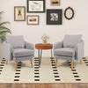 Grey Sherpa accent chairs with wooden legs and cushions, perfect for modern living room decor.