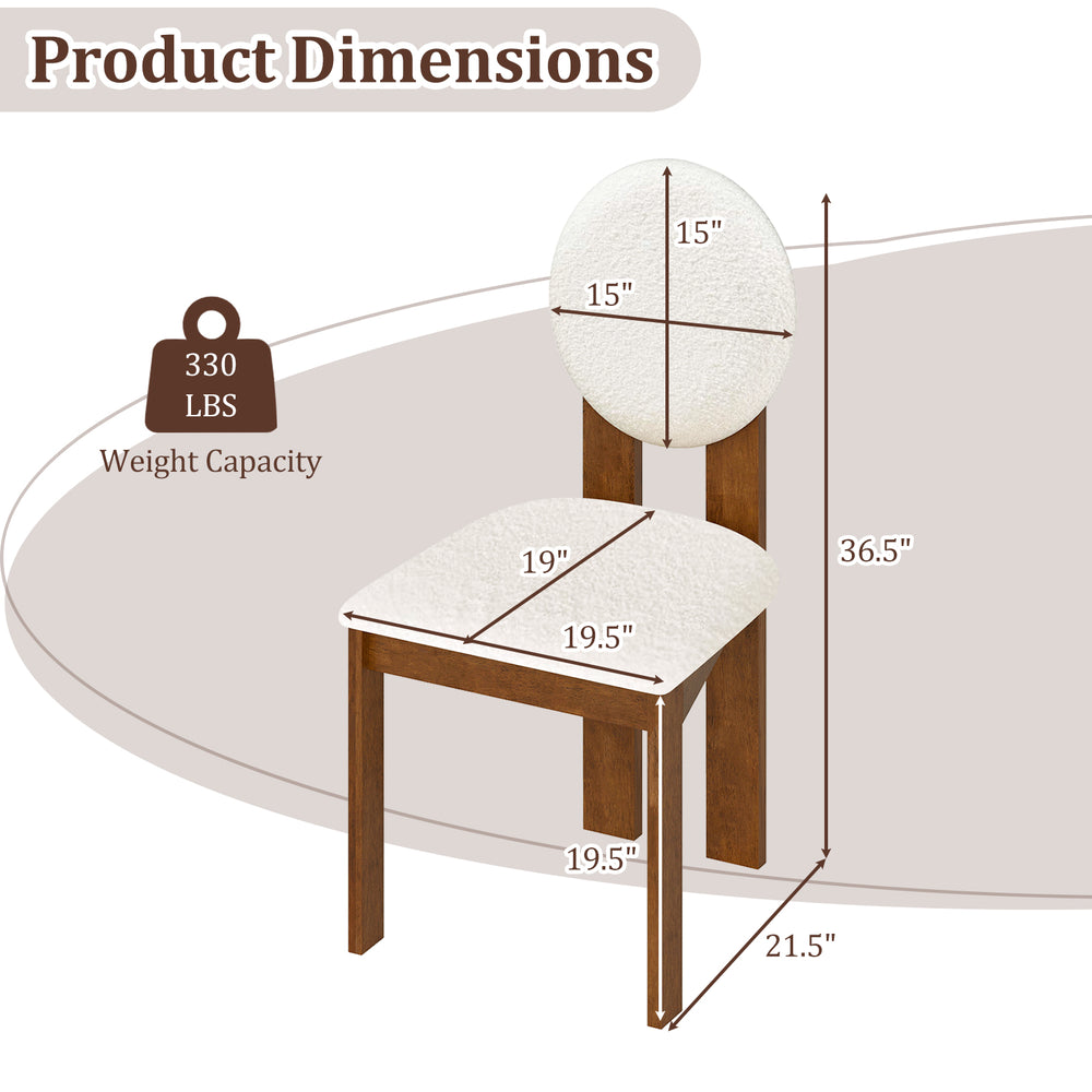 Product dimensions of Sherpa dining chair with rubber wood legs, featuring a round backrest and wide cushioned seat.