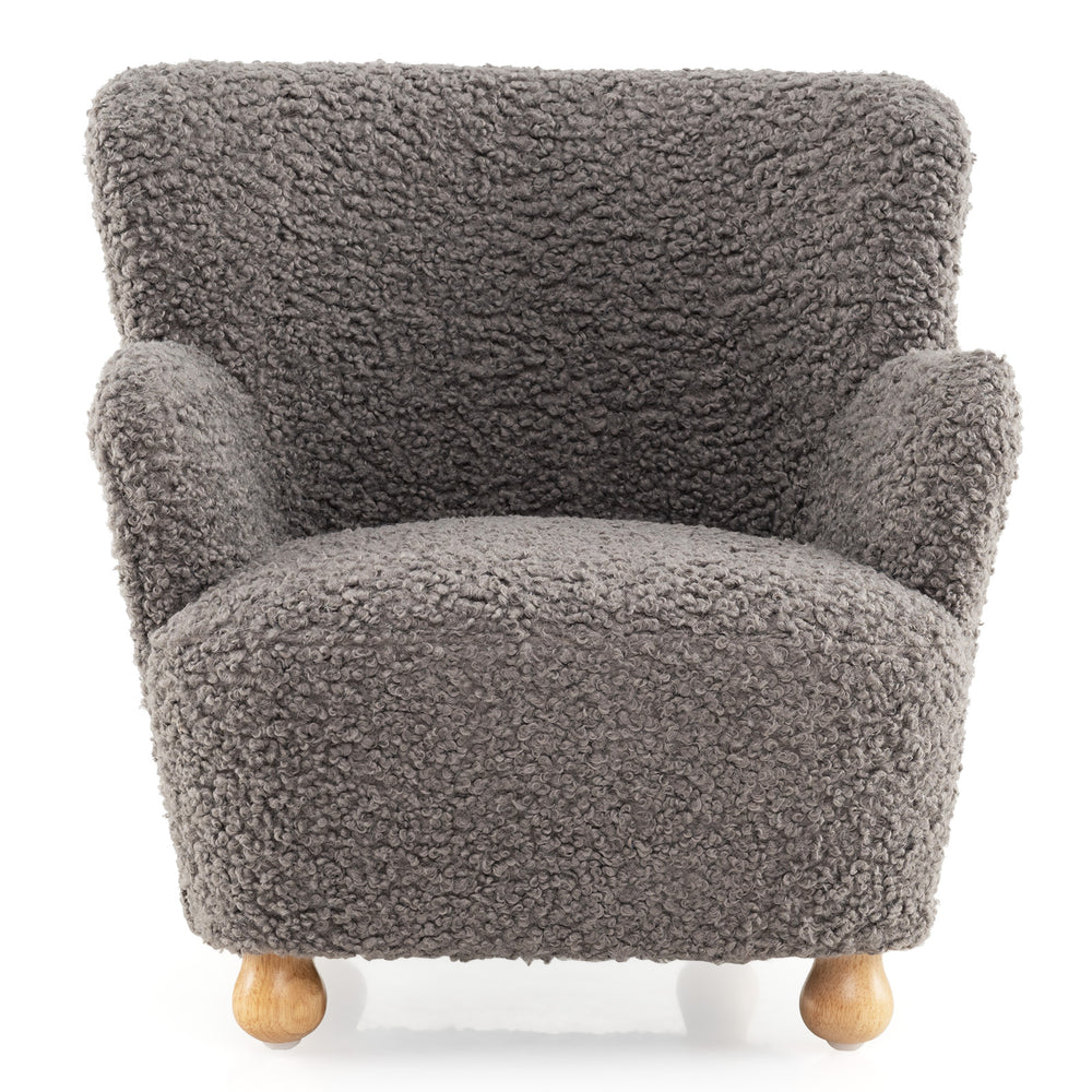 Fluffy silver Sherpa toddler armchair with solid rubber wood legs, perfect for playrooms and nurseries.