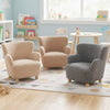 Comfy toddler armchair in silver Sherpa upholstery with solid rubber wood legs, perfect for kids' rooms and playrooms.