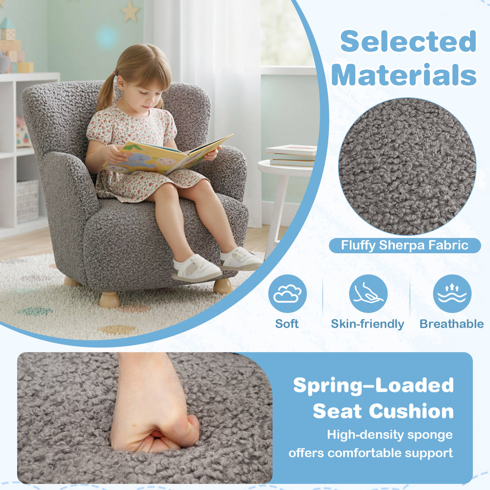 Comfy Sherpa kids armchair with solid rubber wood legs, ergonomic design for toddlers aged 3+, perfect for playrooms.
