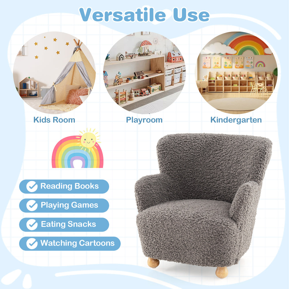Comfy Sherpa kids sofa armchair with solid rubber wood legs, perfect for playrooms and nurseries for ages 3+.