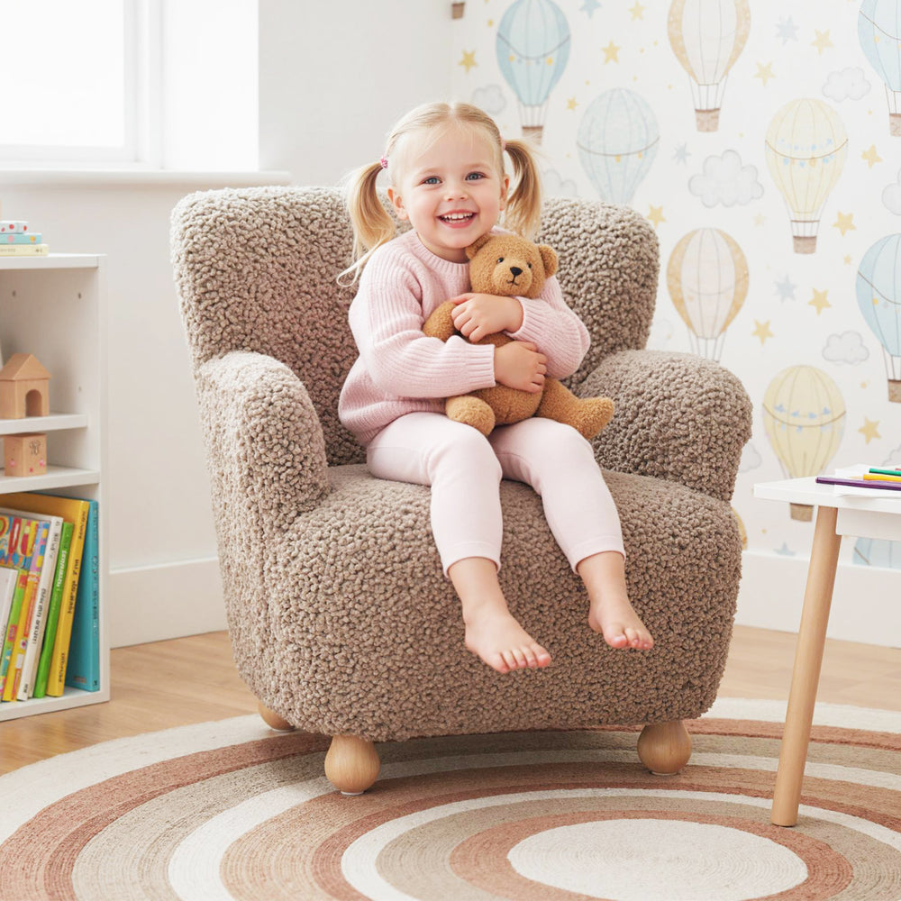 Sherpa Kids Sofa Comfy Toddler Armchair with Solid Rubber Wood Legs-Rustic Brown - Gallery View 1 of 9