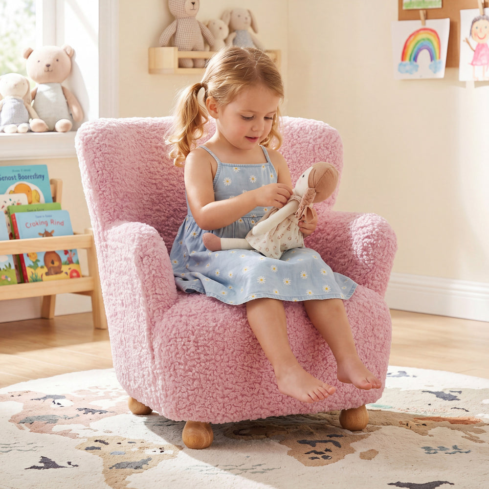 Sherpa Kids Sofa Comfy Toddler Armchair with Solid Rubber Wood Legs-Light Pink - Gallery View 1 of 10