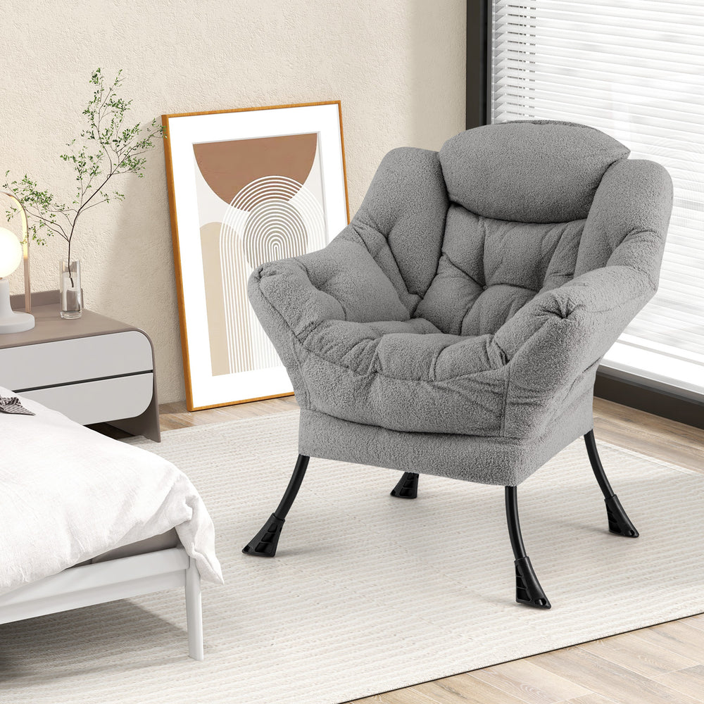Cozy gray sherpa accent chair with ergonomic design and head pillow, perfect for living rooms or home offices.