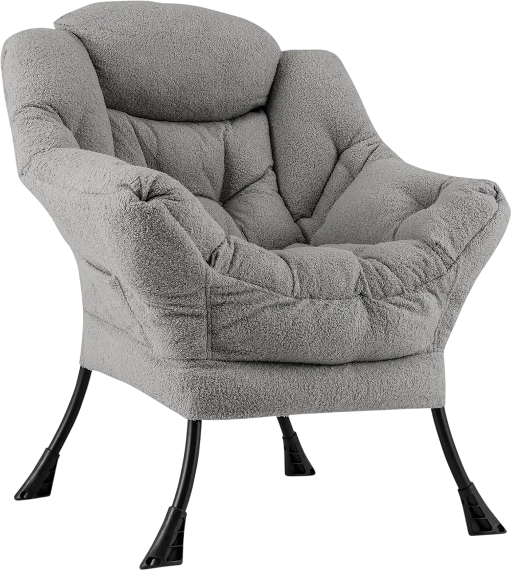 Cozy gray Sherpa upholstered accent chair with ergonomic design and soft head pillow, ideal for living rooms and.