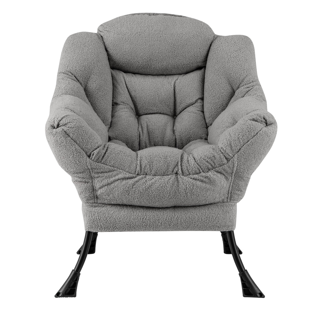 Cozy gray Sherpa upholstered accent chair with ergonomic backrest, head pillow, and button tufted design for relaxation.
