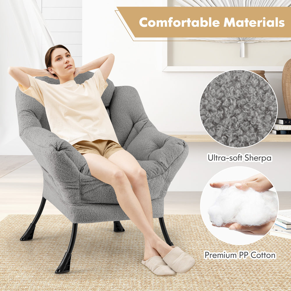 Sherpa upholstered accent chair in gray with ergonomic design, soft head pillow, and side pocket for home organization.
