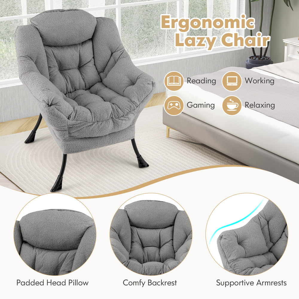 Cozy gray Sherpa upholstered accent chair with padded head pillow, ergonomic backrest, ideal for reading or relaxing.