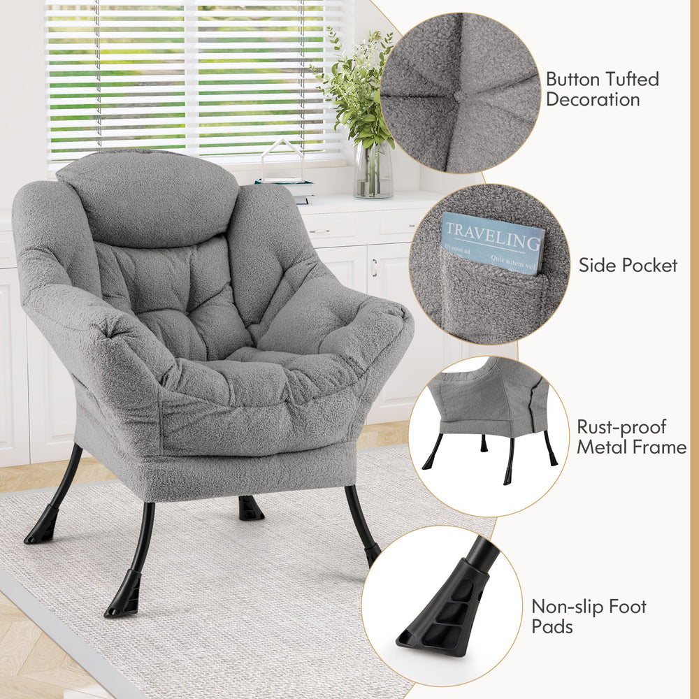 Cozy gray sherpa accent chair with button tufting, ergonomic design, side pocket, and rust-proof metal frame for.