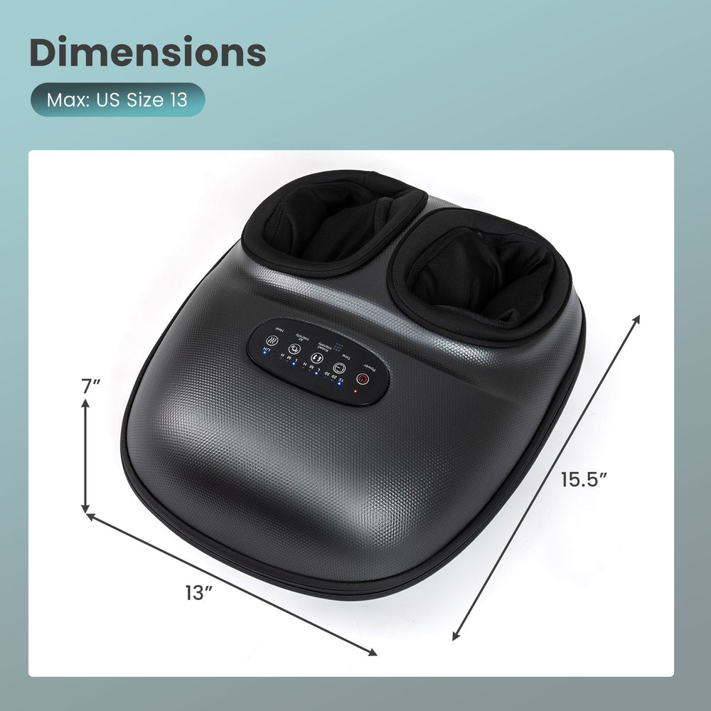 Shiatsu foot massager machine in black with heat and air compression, compact design, dimensions 15.5" x 13" x 7".