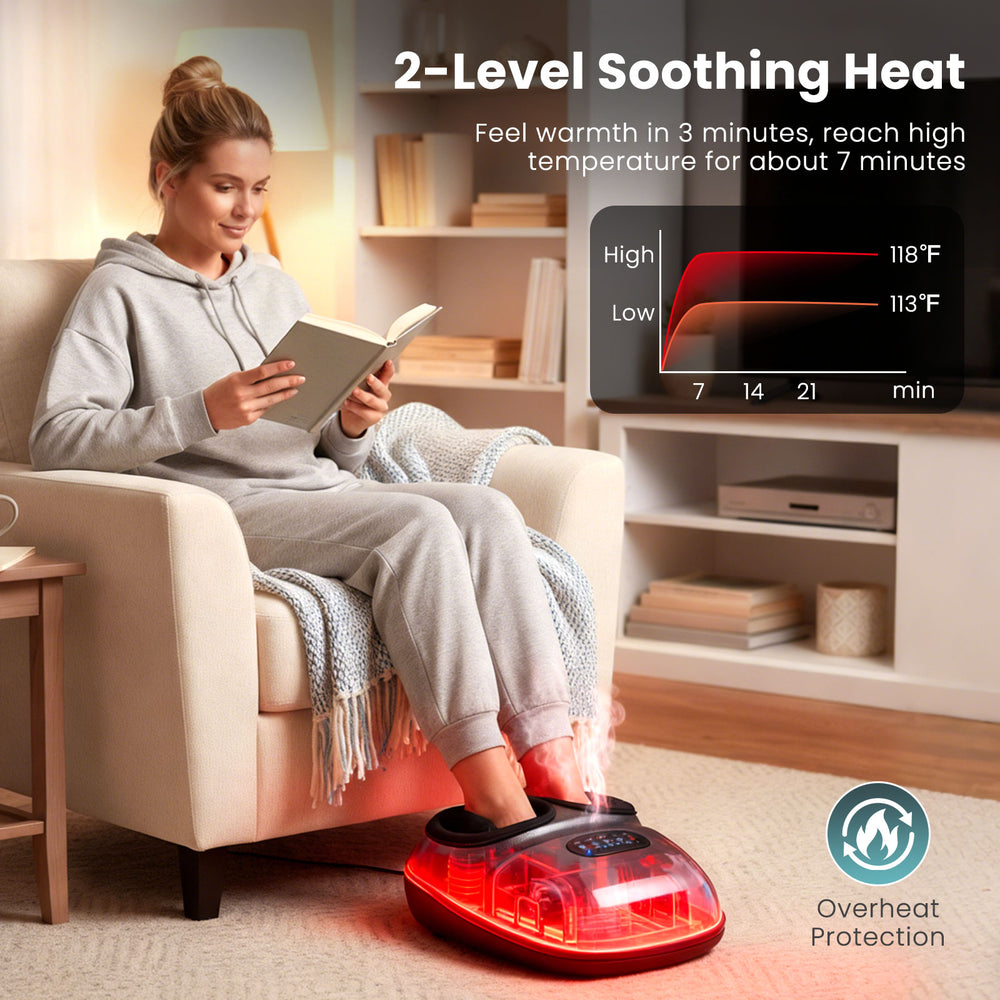 Shiatsu foot massager with 2-level heat, air compression, and LCD control for personalized comfort and relaxation.
