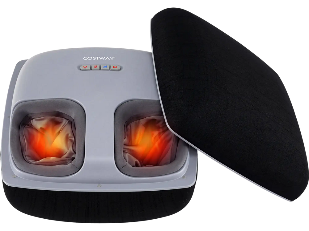Shiatsu foot massager in black with heat, 3 kneading intensities, and air compression for customized relaxation.