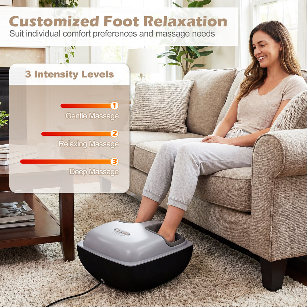 Shiatsu foot massager in black with 3 intensity levels and soothing heat for customized foot relaxation at home.