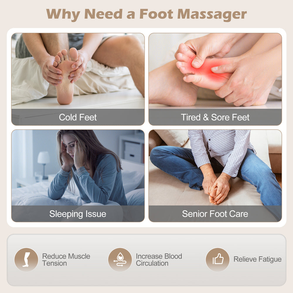 Shiatsu foot massager in black with air compression, kneading, and heat for personalized relaxation and fatigue relief.