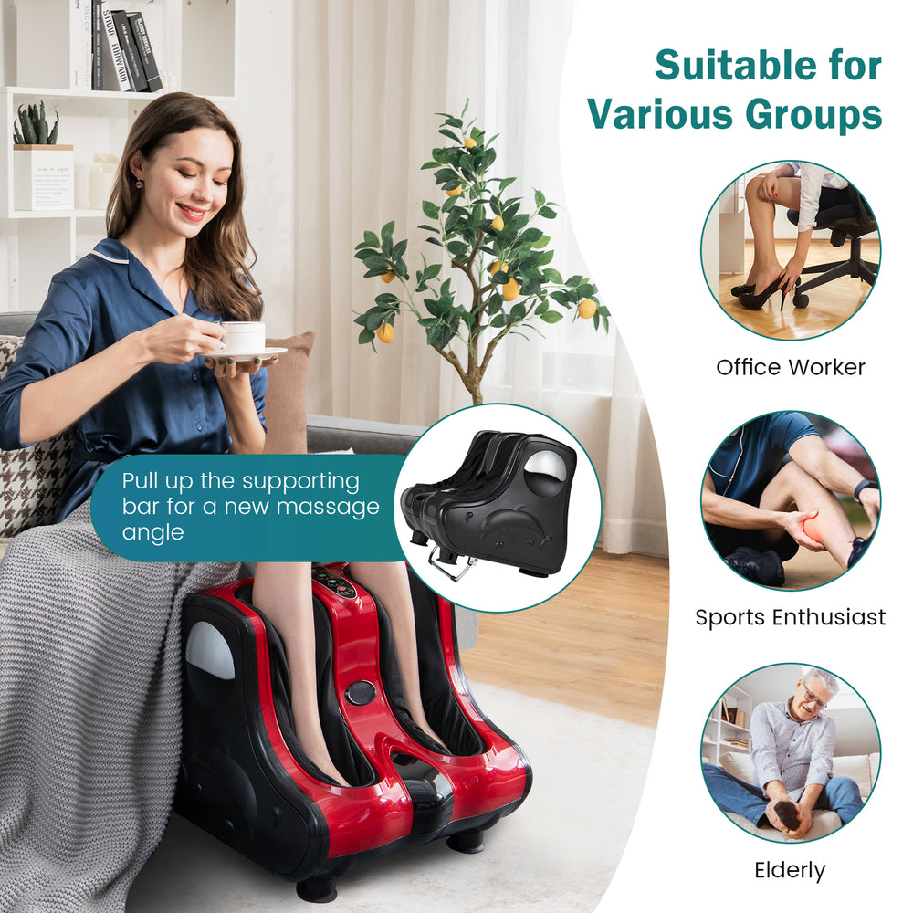 Shiatsu kneading foot massager in red with heating and vibration modes, ideal for relaxing sore muscles at home.