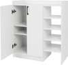 White shoe cabinet with dual doors, adjustable shelves, and a spacious countertop for organized shoe storage.