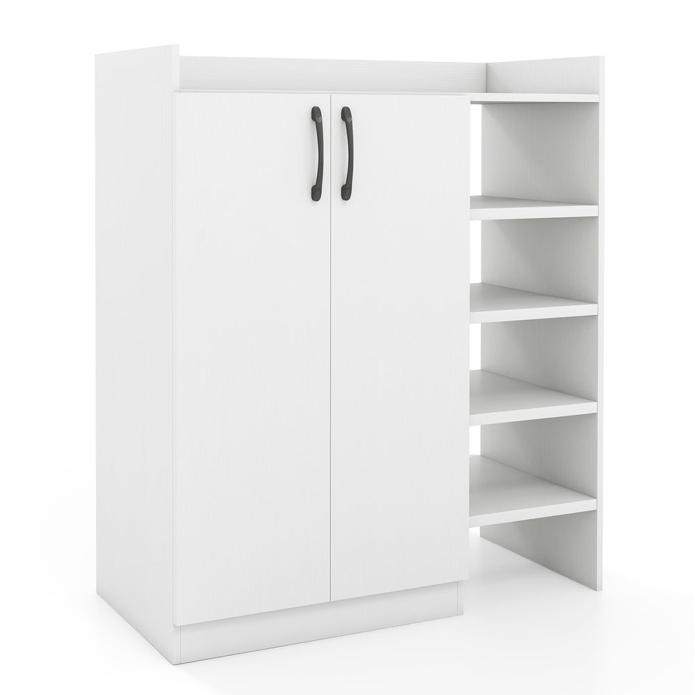 Shoe cabinet with 2 doors and adjustable shelves in white, ideal for entryway or closet storage.