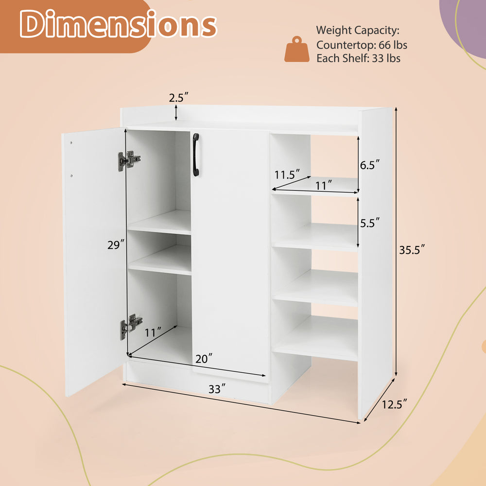 Shoe cabinet with dual doors and open shelves, featuring adjustable inner shelves and a white finish for versatile.