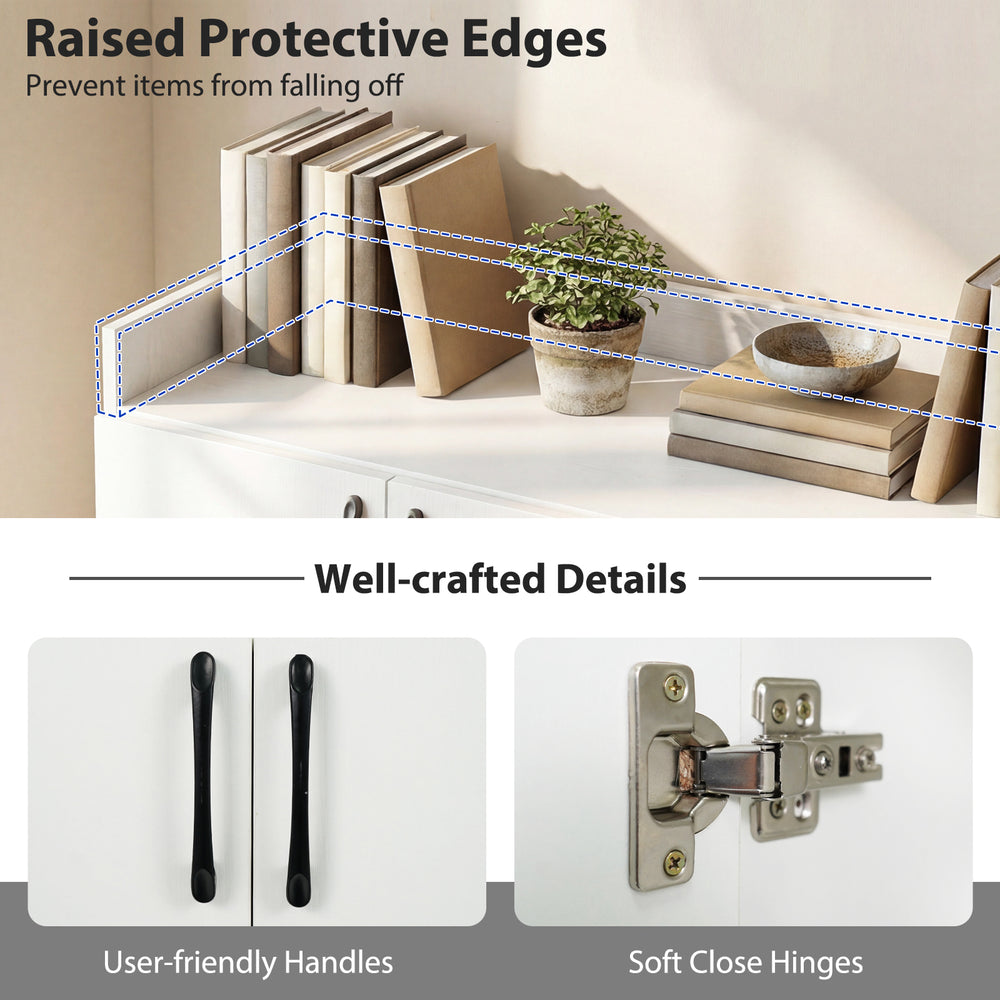 Shoe cabinet with raised protective edges, featuring dual doors, adjustable shelves, and elegant metal handles for.