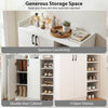 Shoe cabinet with dual doors and open shelves in white, featuring a spacious countertop for handbags and essentials.