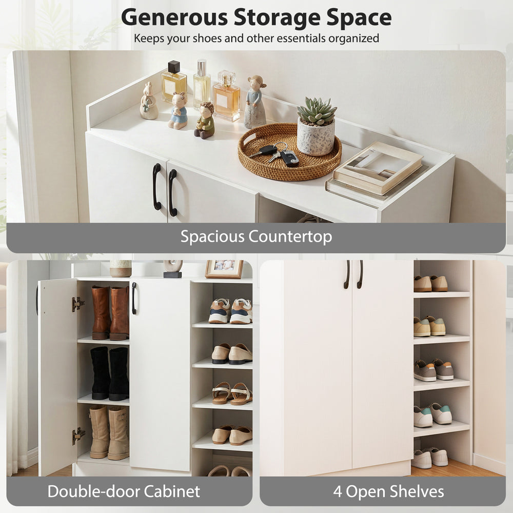 Shoe cabinet with dual doors and open shelves in white, featuring a spacious countertop for handbags and essentials.