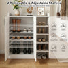 Shoe cabinet with dual doors and adjustable shelves, featuring a smooth white finish for versatile storage in any space.