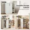 Shoe cabinet with dual doors and open shelves, featuring adjustable inner shelves for versatile storage in white.