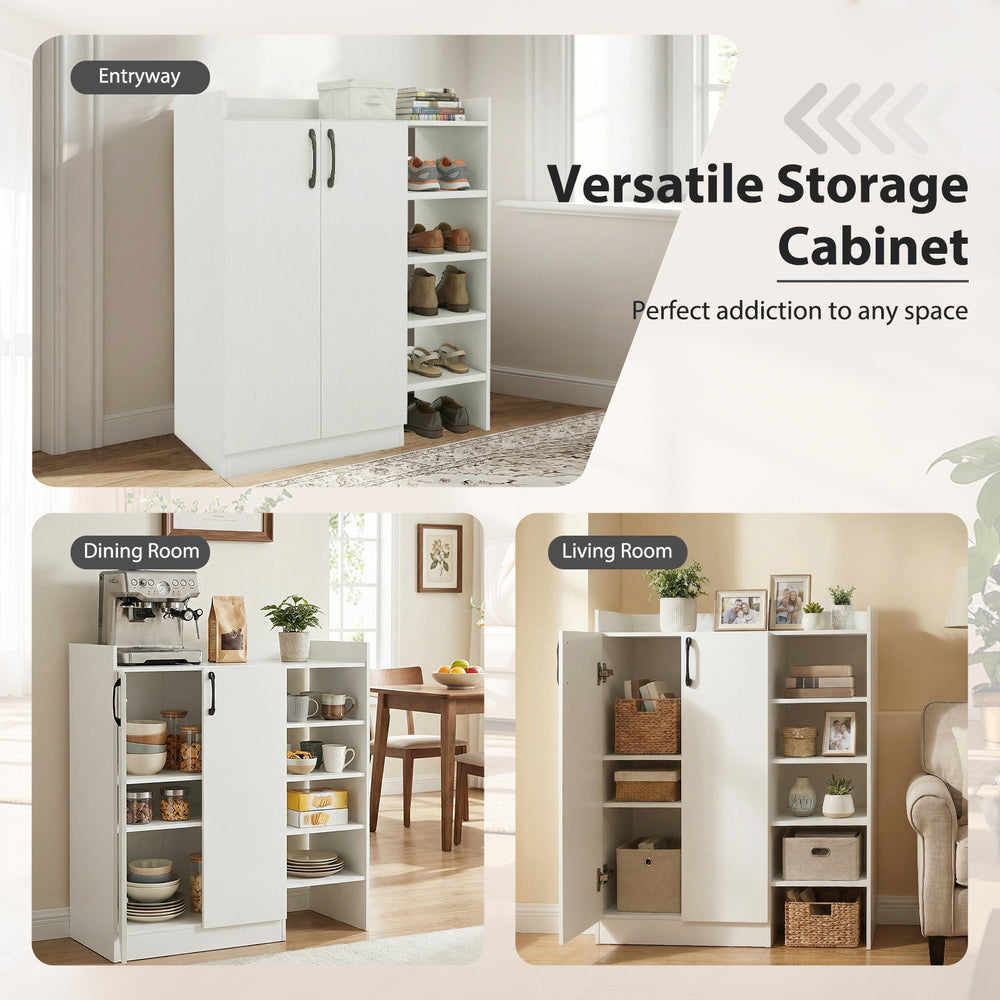Shoe cabinet with dual doors and open shelves, featuring adjustable inner shelves for versatile storage in white.