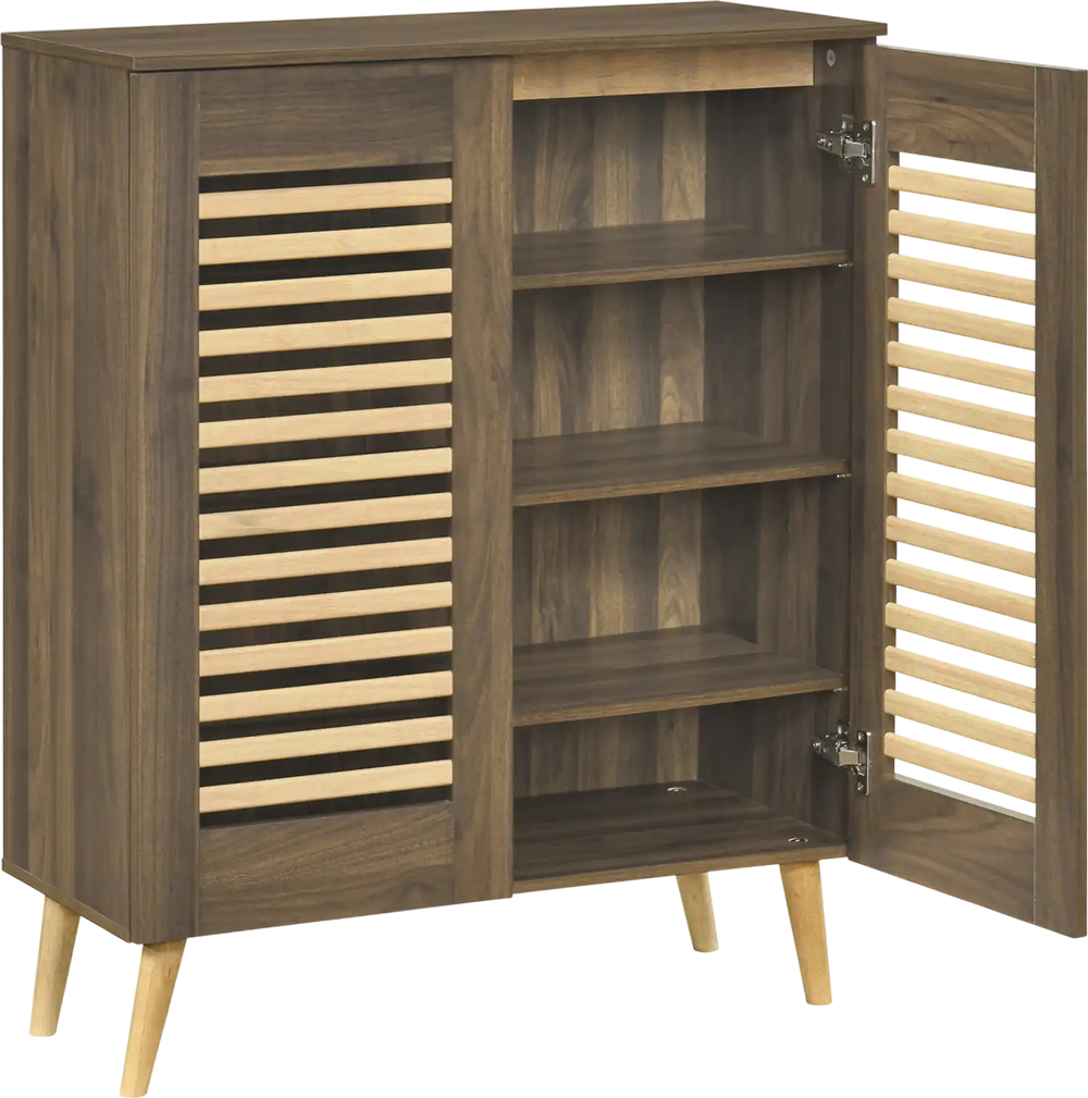 Shoe cabinet with louvered doors in walnut finish, featuring removable shelves for versatile shoe storage.
