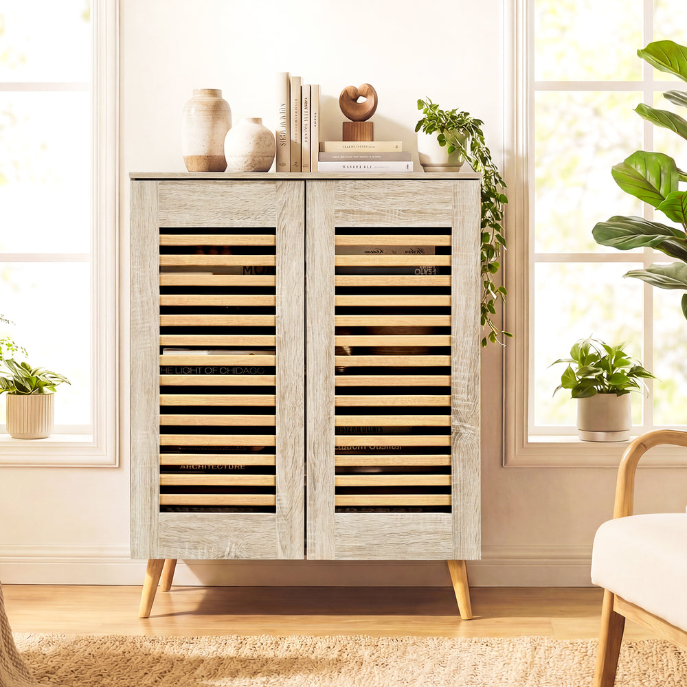 Shoe Cabinet with Louvered Doors and Removable Shelves-Natural - Gallery View 1 of 11