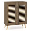 Shoe cabinet with louvered doors in walnut finish, featuring removable shelves for versatile shoe storage and solid.
