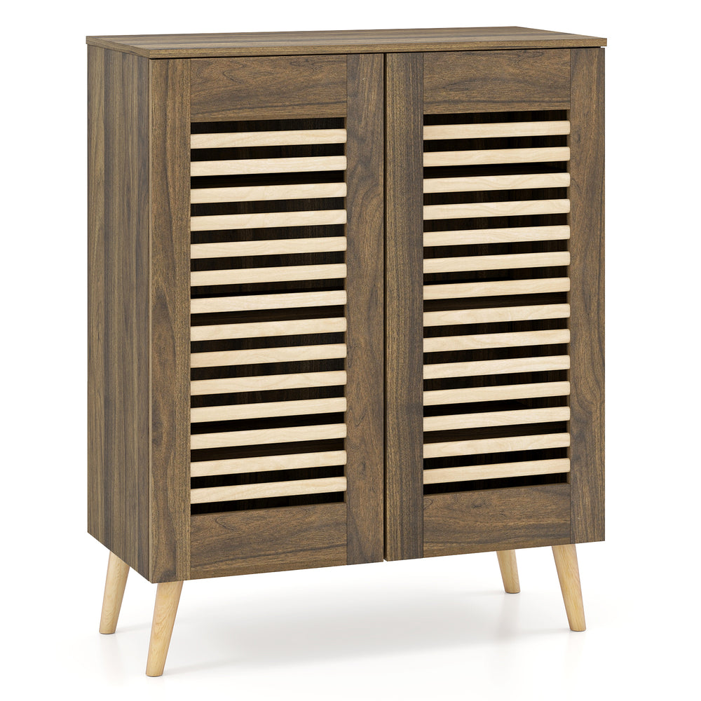 Shoe cabinet with louvered doors in walnut finish, featuring removable shelves for versatile shoe storage and solid.