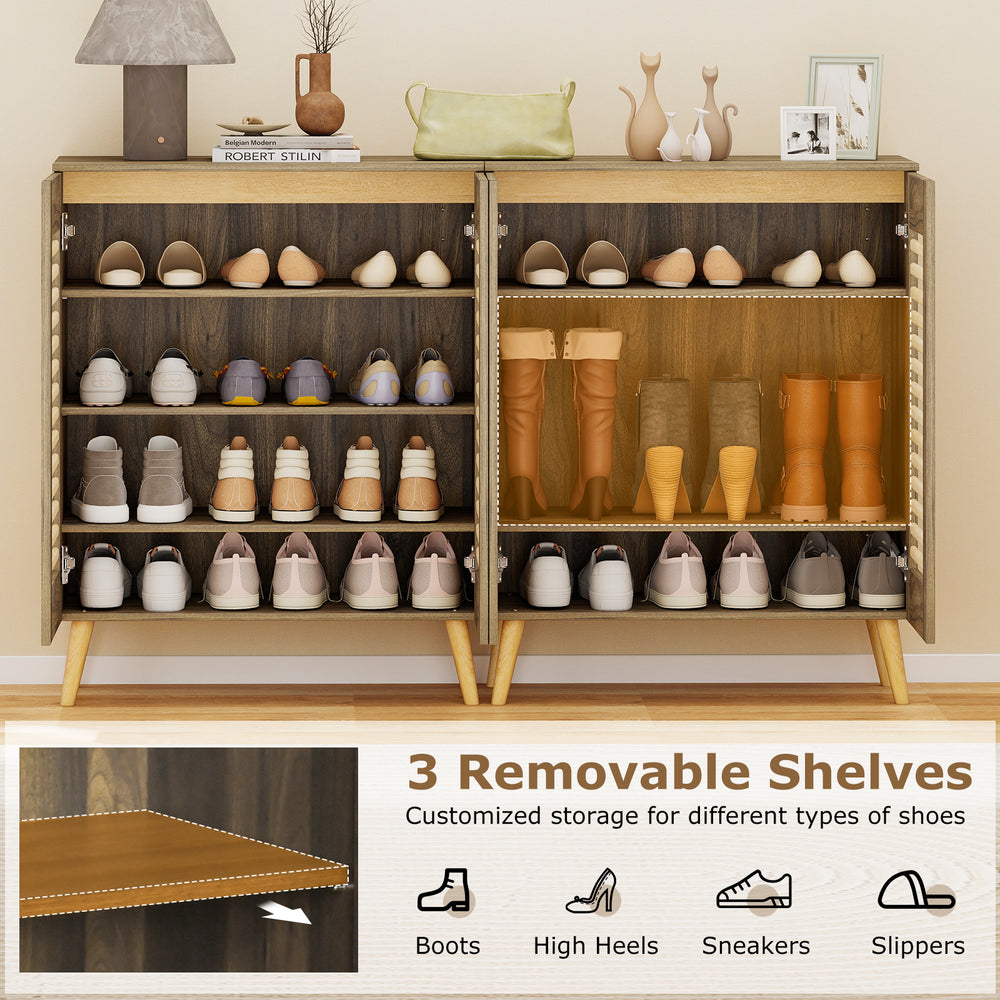 Shoe cabinet with louvered doors in walnut, featuring 3 removable shelves for boots, high heels, sneakers, and slippers.