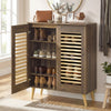 Shoe cabinet with louvered doors in walnut finish, featuring removable shelves for versatile shoe storage and.