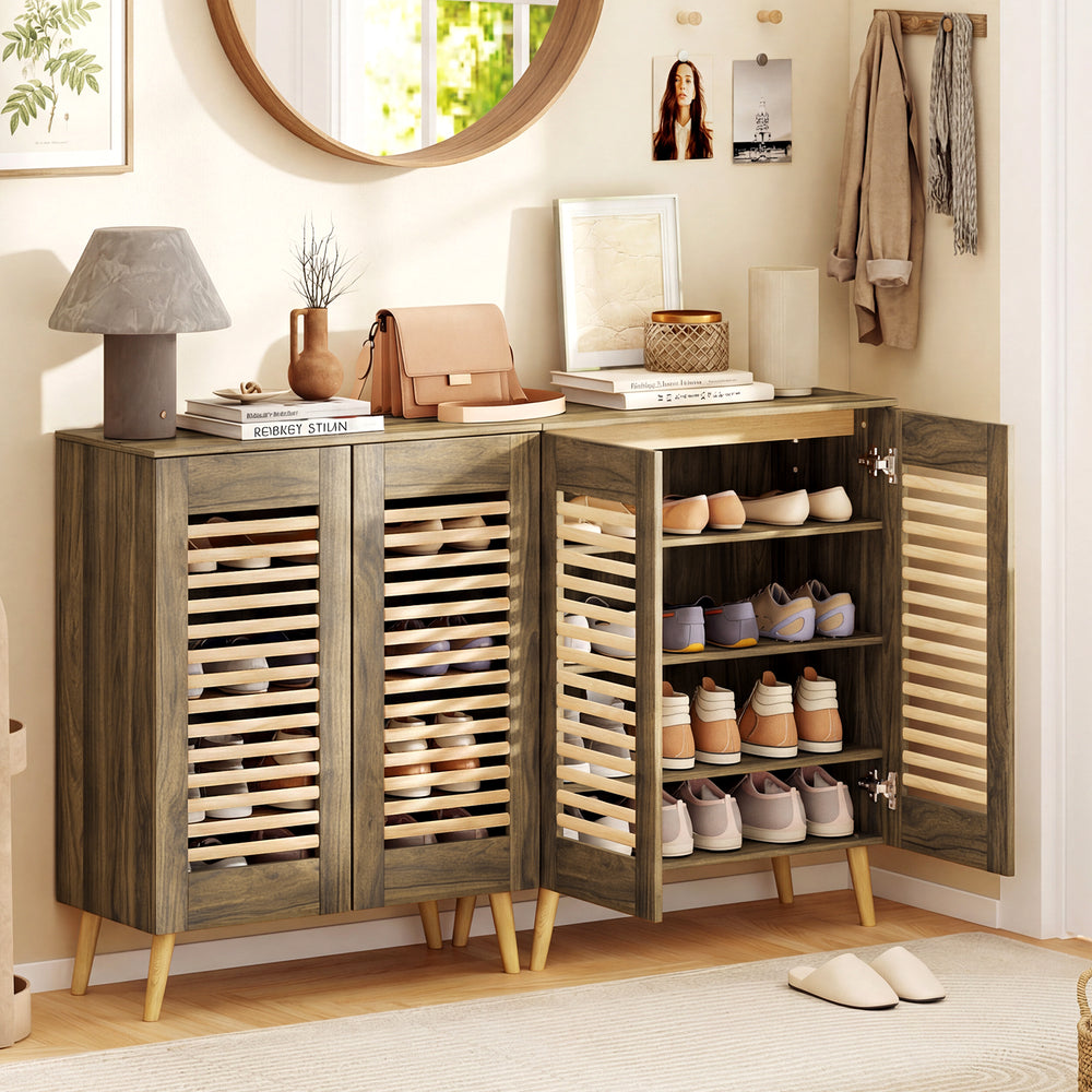 Shoe cabinet with louvered doors in walnut finish, showcasing its stylish design and premium metal hinges for smooth.