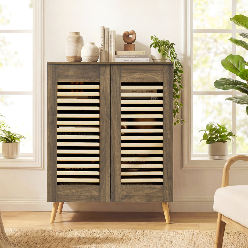 Shoe Cabinet with Louvered Doors and Removable Shelves-Walnut - Gallery View 1 of 11