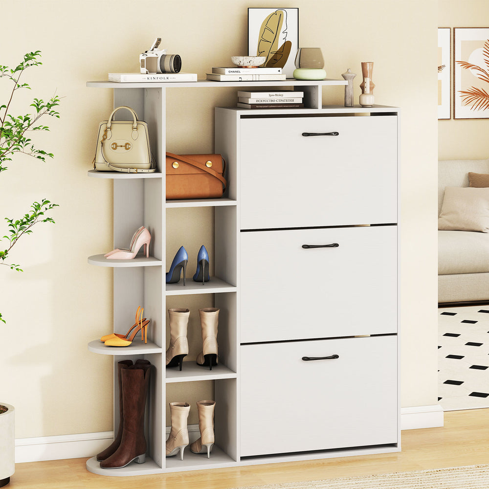 Shoe Cabinet with Open Shelves Modern Shoe Organizer with 3 Flip Drawers-White - Gallery View 1 of 10