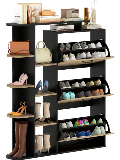Costway Modern Shoe Cabinet Organizer w/ Open Shelves 3 Flip Drawers 87563577 New