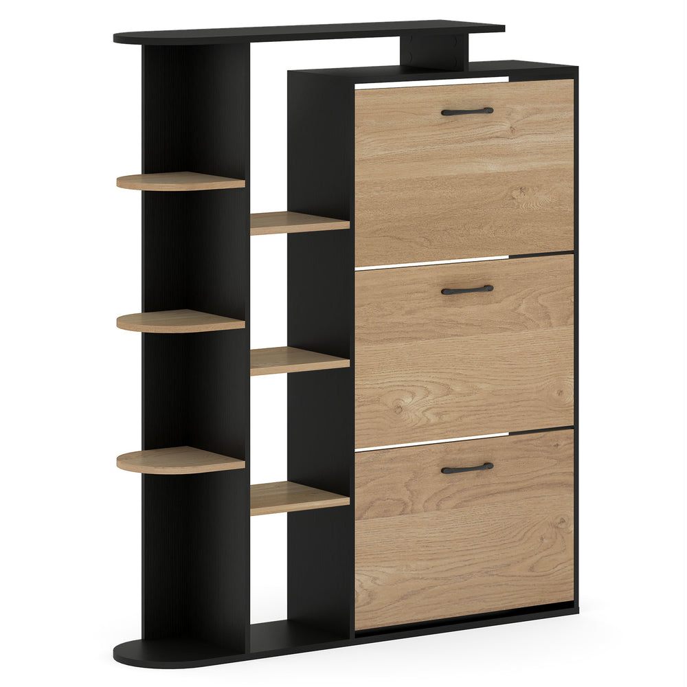 Modern shoe cabinet in black with open shelves and three flip drawers for efficient shoe organization and display.