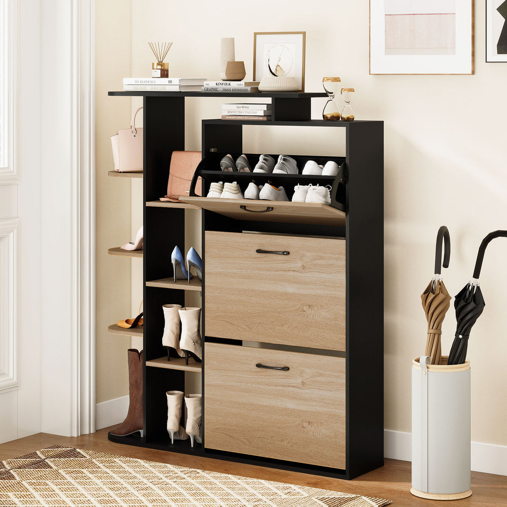 Shoe cabinet with open shelves and 3 flip drawers in black, perfect for organizing shoes and accessories in style.