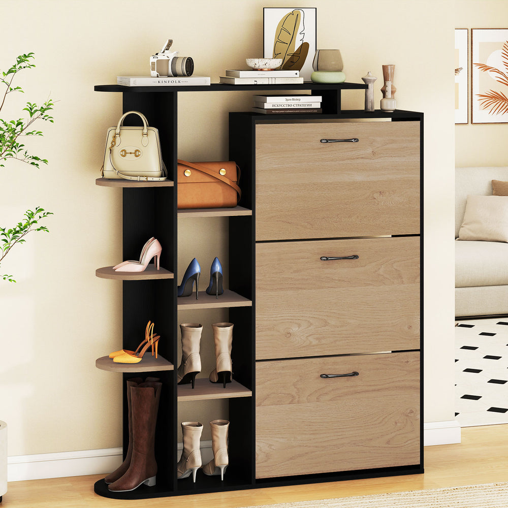 Shoe Cabinet with Open Shelves Modern Shoe Organizer with 3 Flip Drawers-Black - Gallery View 1 of 10