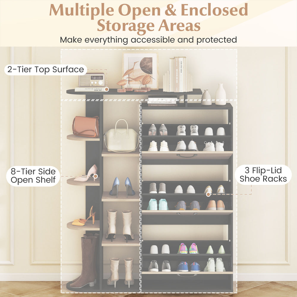 Shoe cabinet with open shelves and 3 flip-lid drawers in black, featuring multiple storage tiers for organization.
