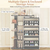 Shoe cabinet with open shelves and 3 flip-lid drawers in black, featuring multiple storage tiers for organization.