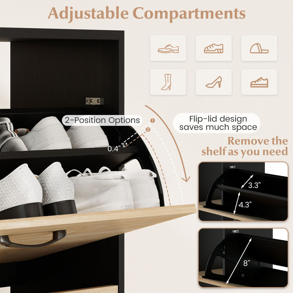 Adjustable compartments of the black shoe cabinet with flip-lid drawers for versatile shoe organization and easy access.