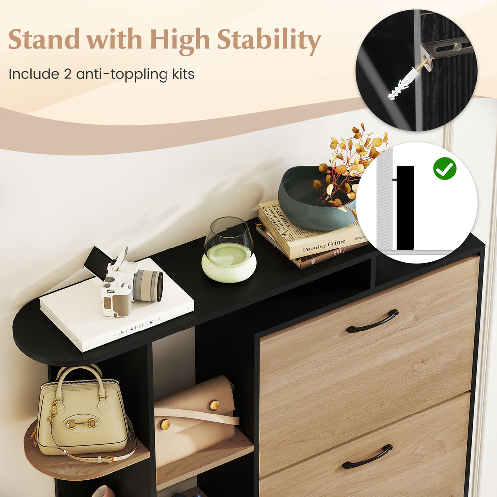 Shoe cabinet with open shelves and 3 flip drawers in black, featuring anti-toppling kits for high stability and.