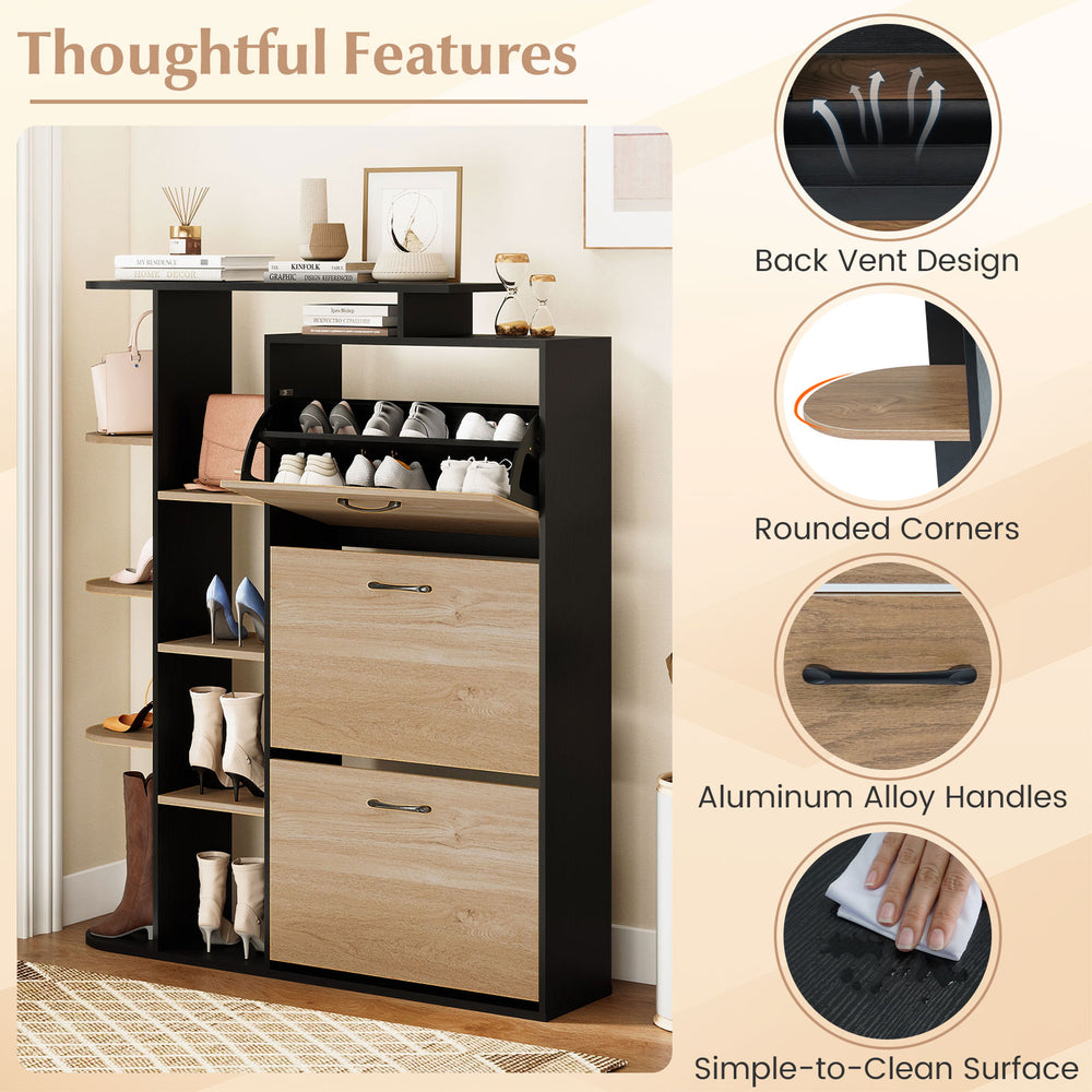 Shoe cabinet with open shelves and 3 flip drawers in black, featuring aluminum alloy handles and a back vent design.
