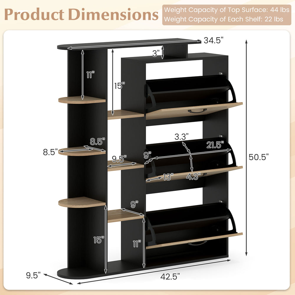 Shoe cabinet with open shelves and 3 flip drawers in black, featuring adjustable shelves and sturdy wooden construction.