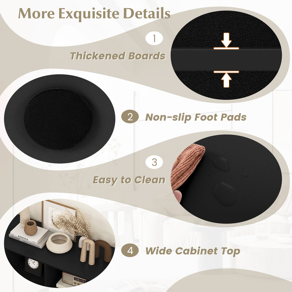 Close-up of the 8 cubbies shoe organizer in black, featuring non-slip foot pads and a wide cabinet top for stability.